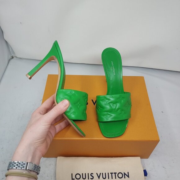 LOUIS VUITTON GREEN MONOGRAM EMBOSSED REVIVAL HEEL LOGO SANDAL